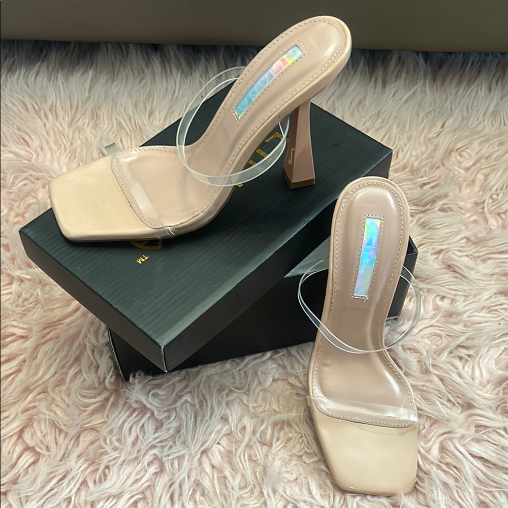 Liliana Tan Cream Heels Square Toe Mules